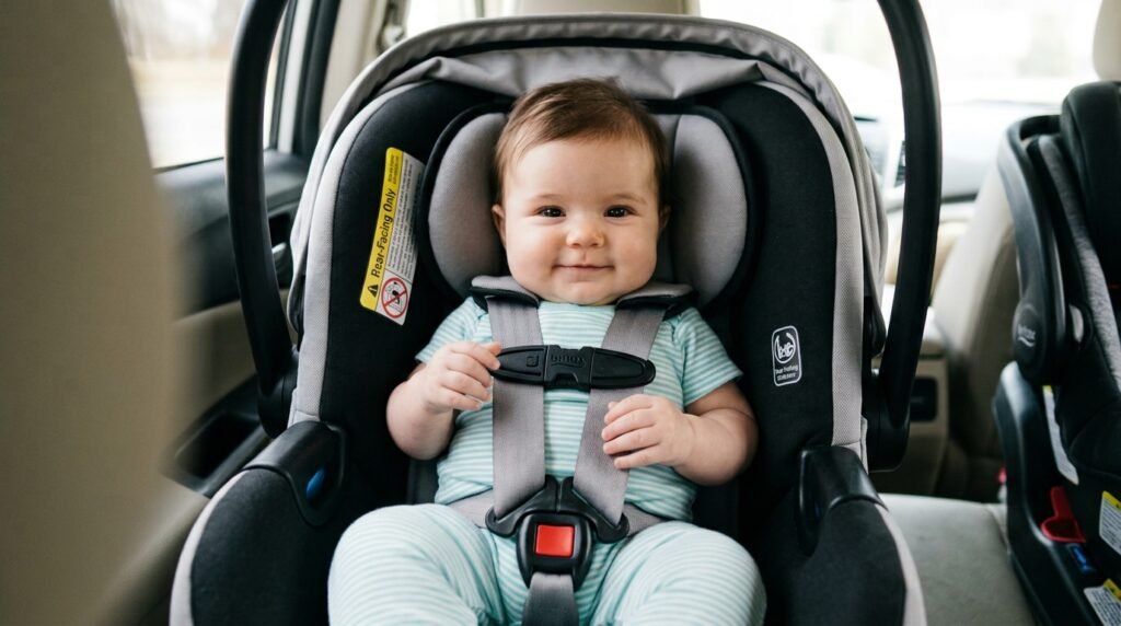 Close up of a baby in a car seat showing the chest clip positioned safely at armpit level.