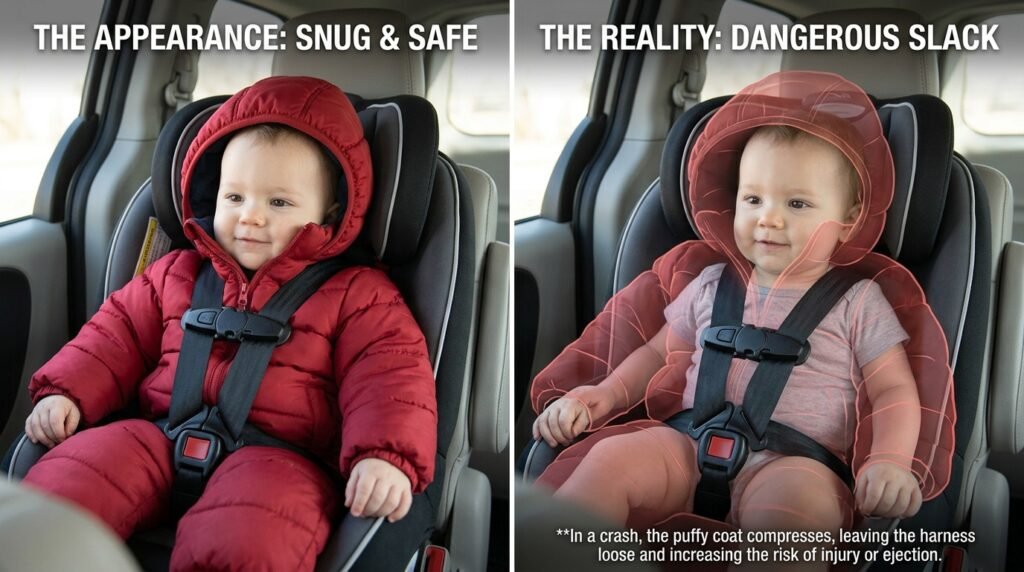 A split comparison showing how a puffy winter coat compresses and leaves a car seat harness too loose during a car ride.