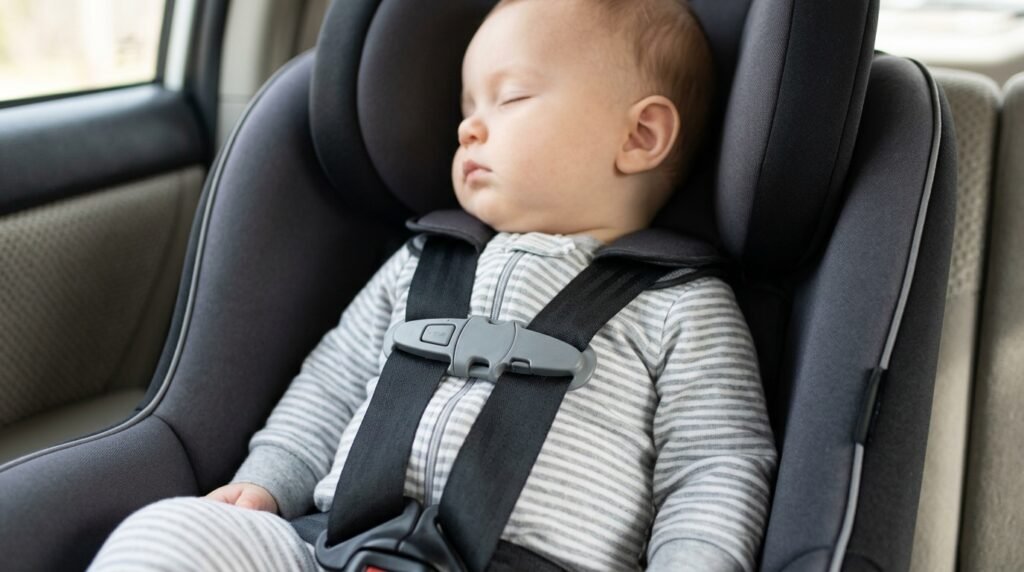 Close up of a baby sleeping safely in a car seat with the chest clip at armpit level.
