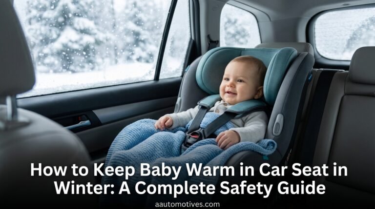 A baby car seat equipped with an unsafe, thick aftermarket fluffy sleeping bag insert that sits behind the baby and the harness straps.