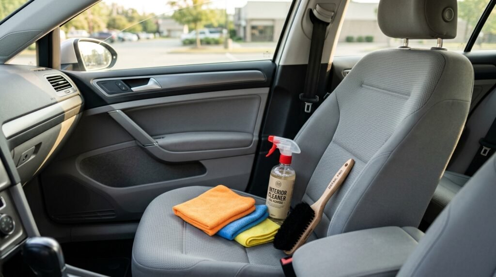 Collection of car interior cleaning supplies including microfiber cloths spray bottle and soft bristle brush on a car seat.