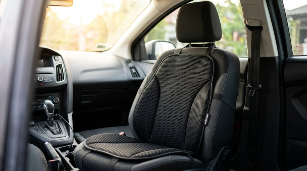 driver sitting on a ventilated car seat cover in summer