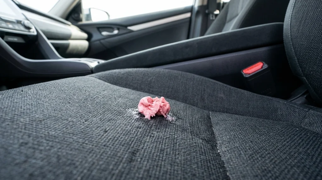  A close-up view of a car seat showing a piece of chewing gum stuck to the upholstery.