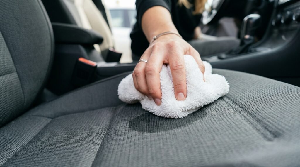 A person pressing a clean white microfiber cloth firmly into a damp car seat to absorb a water stain.