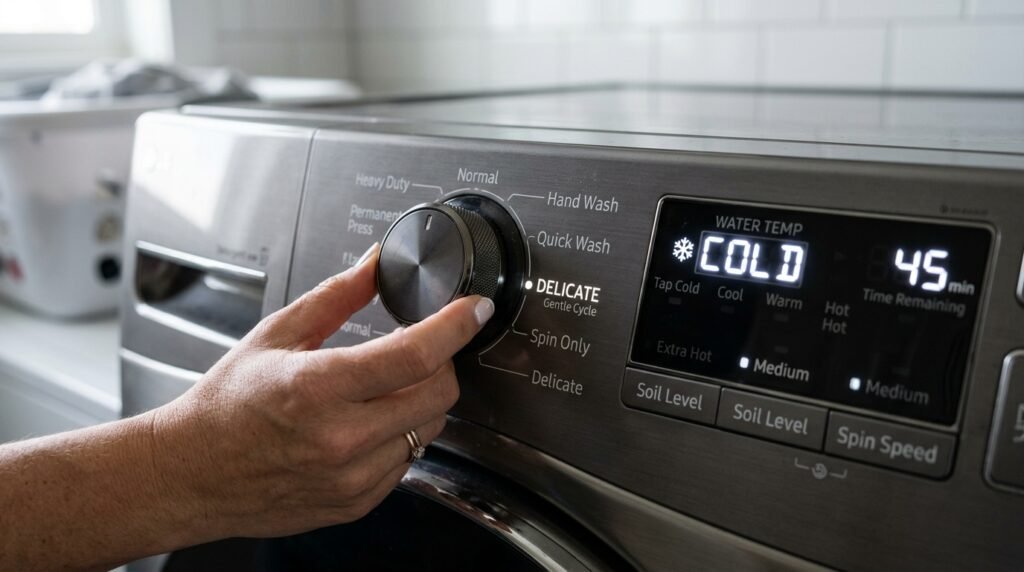 Washing machine dial set to delicate cycle and cold water for washing car seat covers.