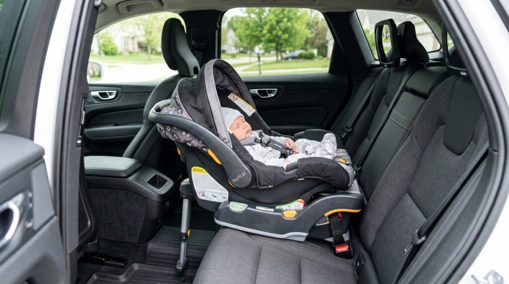 Rear-facing infant car seat installed safely in the back seat of an SUV showing proper recline angle.