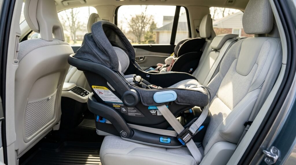 A rear-facing infant car seat properly installed in the back seat of a modern vehicle showing how long can a 8 month old be in car seat safely.
