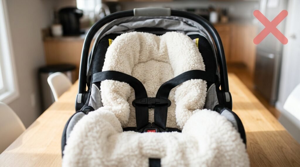 A baby car seat equipped with an unsafe, thick aftermarket fluffy sleeping bag insert that sits behind the baby and the harness straps.