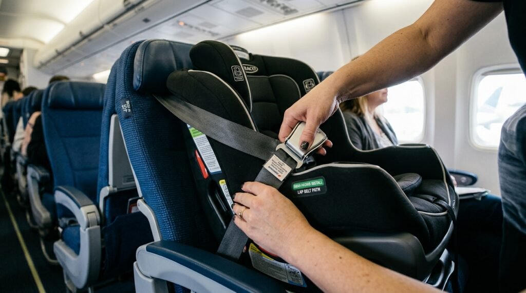 How to travel with a car seat on a plane by threading seatbelts correctly.