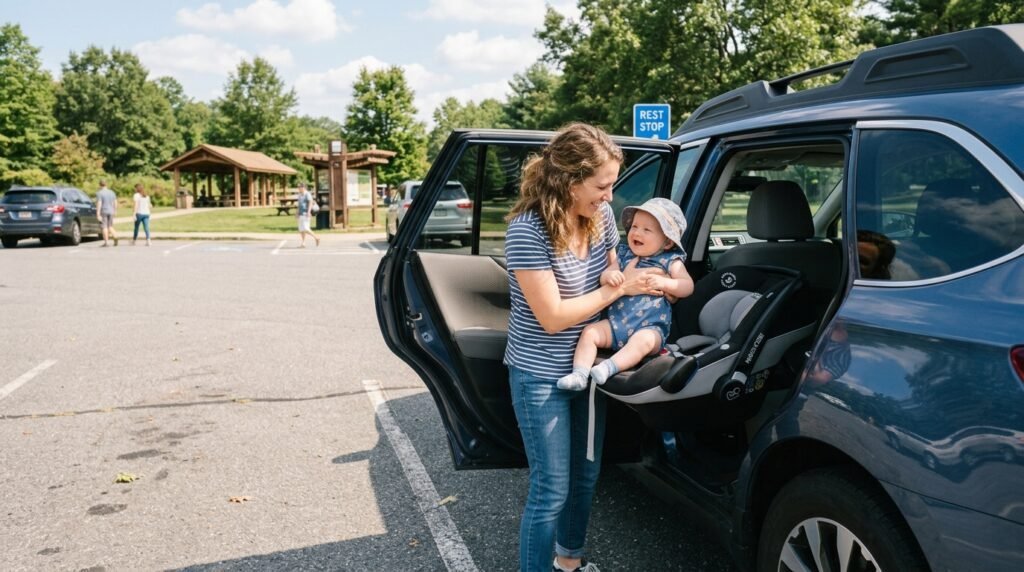 Parent taking a baby out of a car seat during a road trip rest stop.