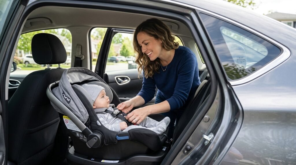 A parent checking the harness of an 8 month old in a rear facing car seat inside a modern car.