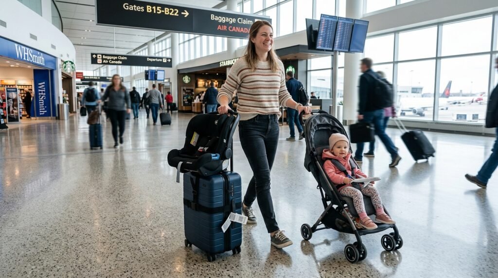 Practical tips on how to travel with a car seat on a plane terminal navigation.