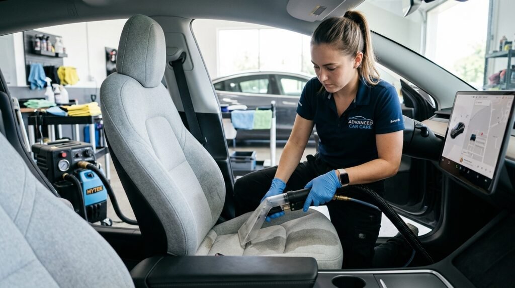 Professional auto detailer using a steam cleaner extractor on a vehicle's fabric seat.