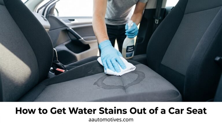 A person pressing a clean white microfiber cloth firmly into a damp car seat to absorb a water stain.
