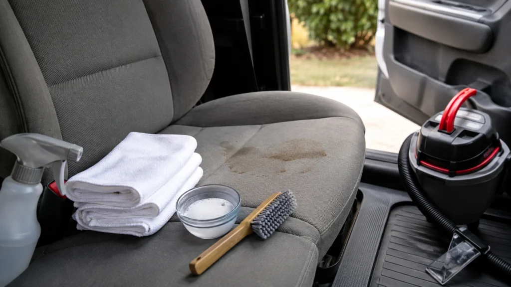 Supplies showing how to get coffee stains out of car seat upholstery