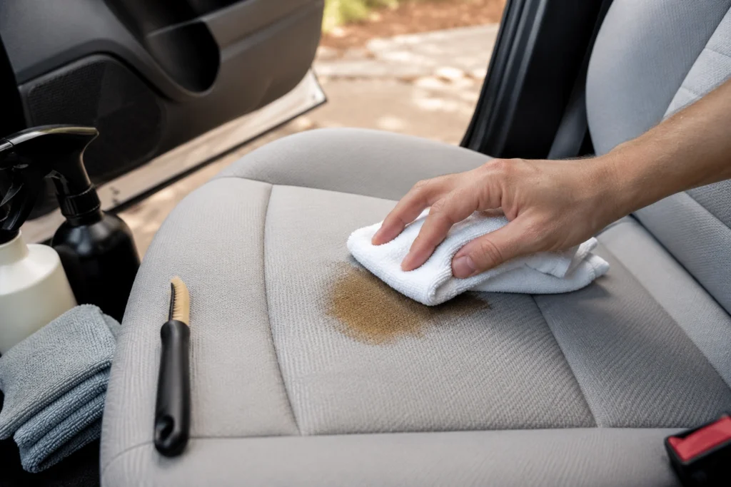 How to remove coffee stain from car seat fabric using a microfiber towel