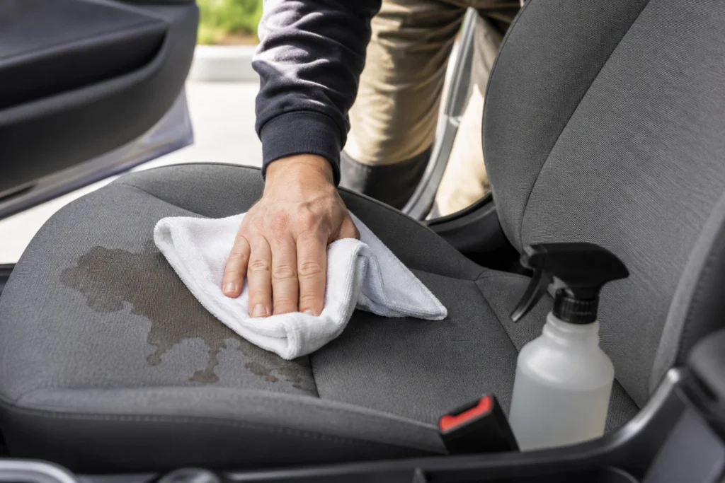 How to get a stain out of a car seat using a microfiber towel and upholstery cleaner