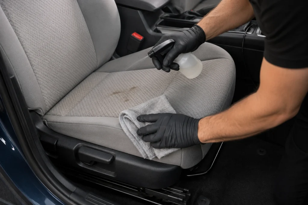 Safe car seat stain cleaning without oversaturating vehicle upholstery