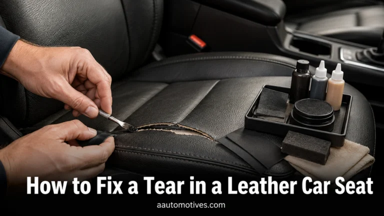 Torn leather car seat bolster showing common upholstery damage