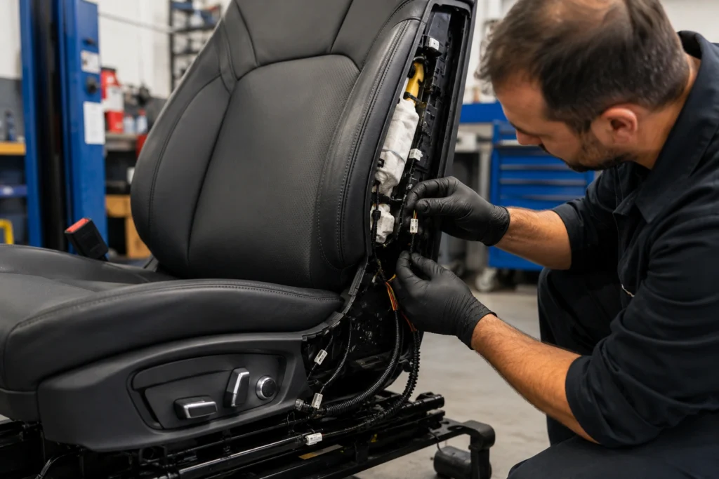 Car seat upholstery repair with seat airbag and electrical components