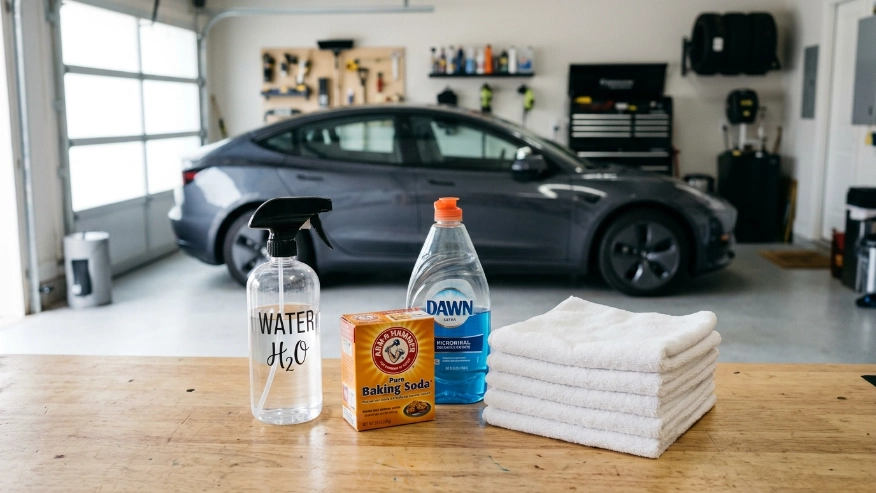 A spray bottle of cold water, mild dish soap, baking soda, and clean microfiber cloths used for how to get blood out of a car seat