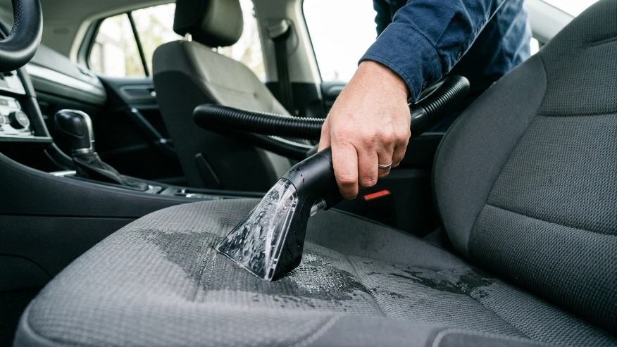 A car owner using a wet-dry vacuum nozzle to extract liquid from a gray cloth car seat to get the urine smell out.