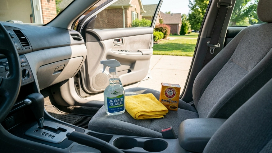 Cleaning supplies including an enzymatic cleaner spray bottle, microfiber towels, and a wet vacuum next to a car seat to get cat urine smell out of car seat.