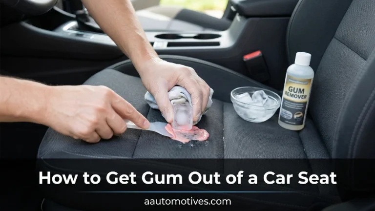 A person using a blue plastic credit card to scrape frozen chewing gum off a black car seat.