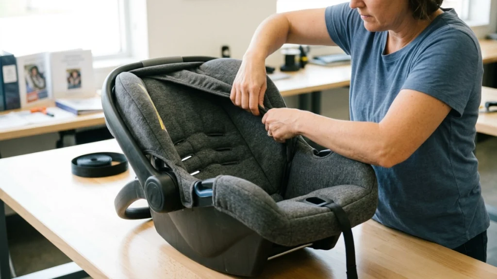How to put a Cosco infant car seat back together with seat pad installed correctly
