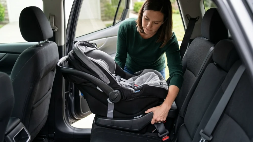 Final safety check after putting a Cosco infant car seat back together