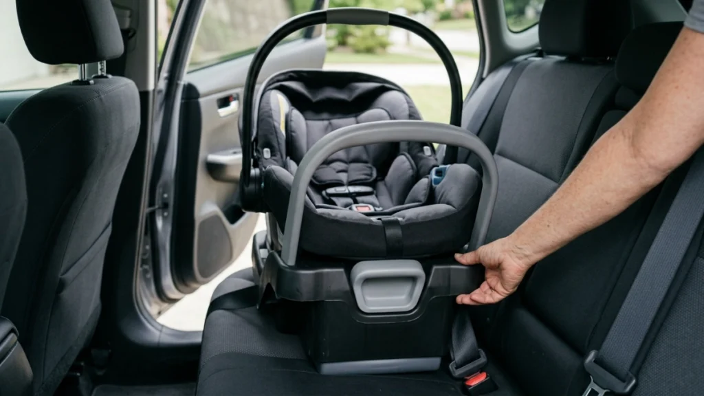 how to remove Chicco KeyFit 35 car seat from base using rear release handle