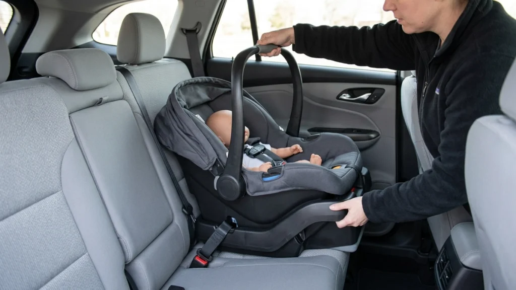 checking Chicco KeyFit 35 car seat carrier attachment to base