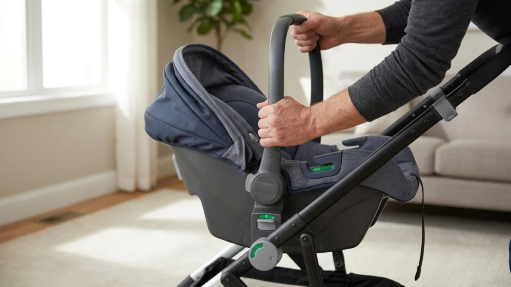 Checking infant car seat attachment to compatible stroller