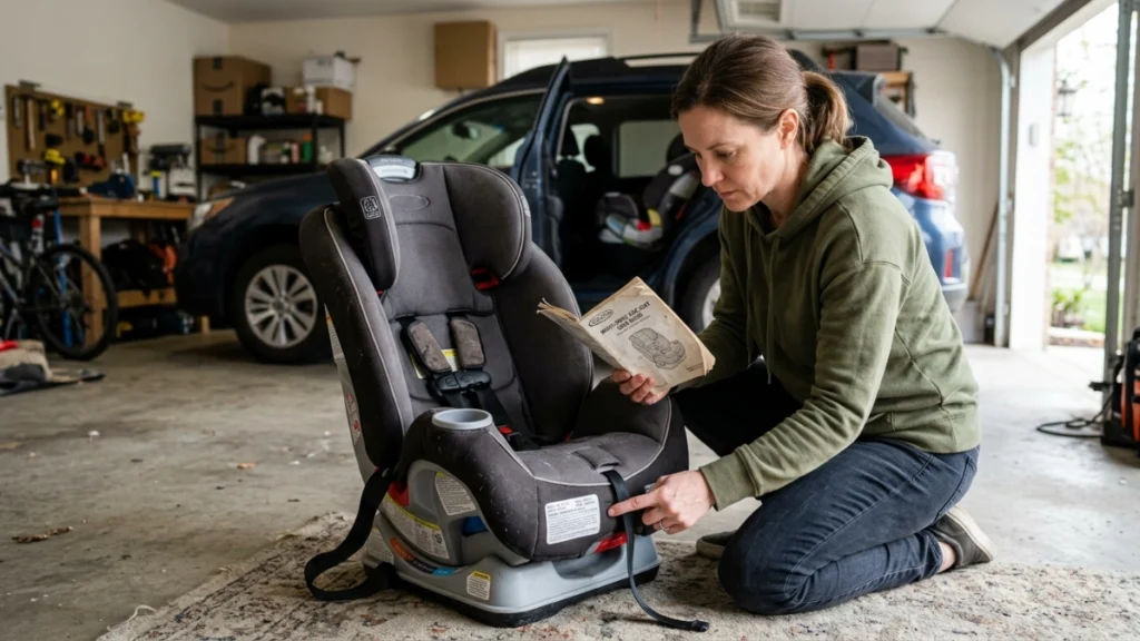 Parent checks a car seat model label and manual before converting it to booster mode.
