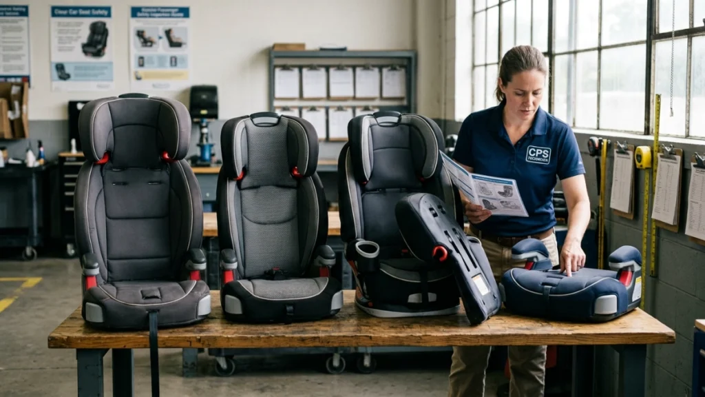 Four child-seat configurations illustrate differences between highback-only and backless booster modes.