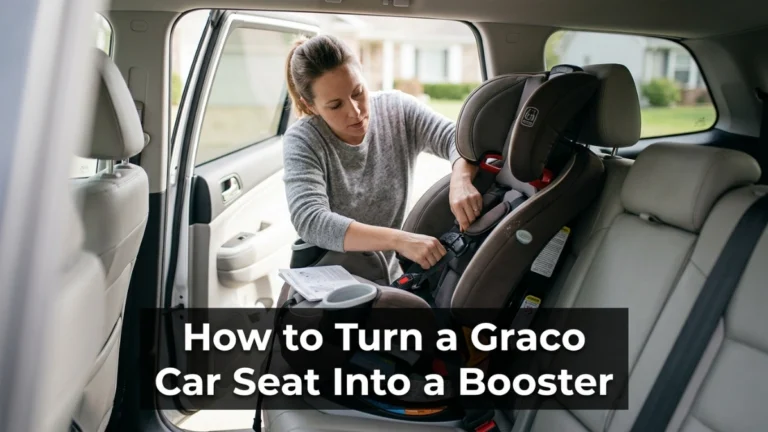 Parent converts a Graco-style car seat into belt-positioning booster mode inside an SUV.