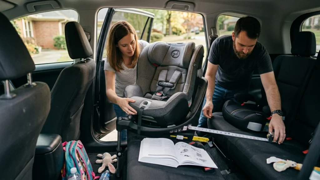 Parents measuring rear-seat space while evaluating a large rotating all-in-one car seat.