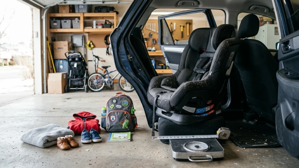 Parent examines a premium rotating car seat installed in a family SUV.