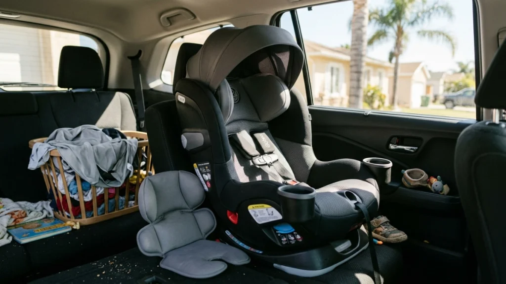 Premium child car seat with canopy, mesh fabric, adjustable headrest and removable cupholders.