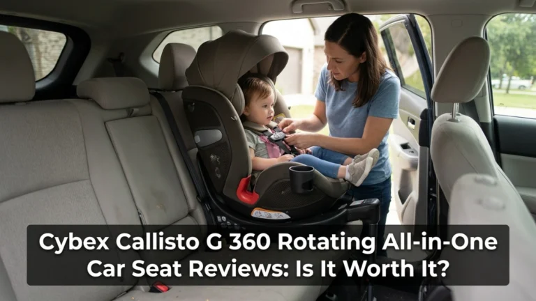 Rotating all-in-one car seat facing an open vehicle door as a parent buckles a toddler.