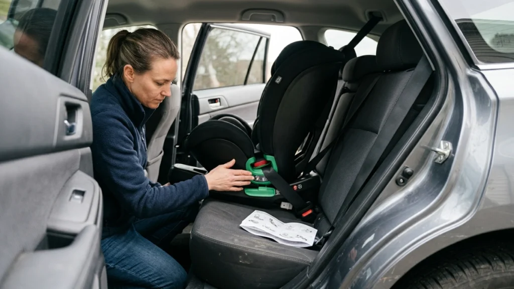 Caregiver installs a rotating car seat with seatbelt, SafeLock tensioner and tether.