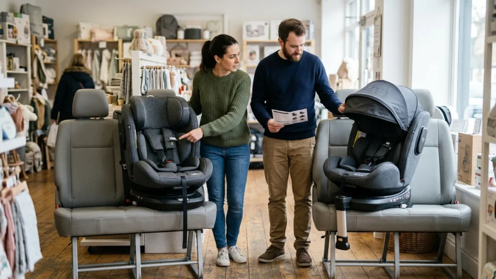 Two Callisto G 360-family seats compared side by side, one with canopy and smart clip.
