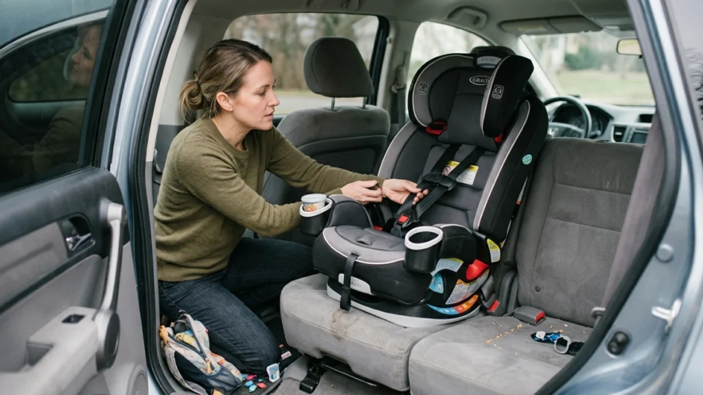 Parent evaluating a Graco 4Ever DLX Grad installed in a family SUV.