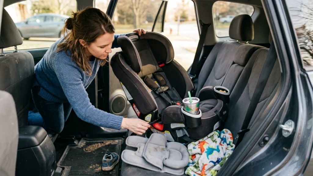 Parent removing a car-seat cover after everyday family use in an SUV.