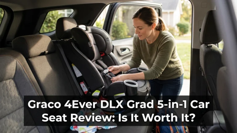 Graco 4Ever DLX Grad installed in an SUV with a parent checking the harness.