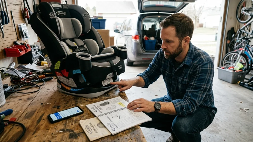 Parent checks a car seat model label and manufacture date beside its instruction manual.