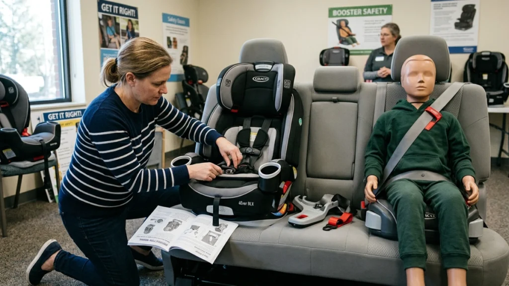Parent converts a five-stage car seat to booster mode and checks lap-and-shoulder belt fit.