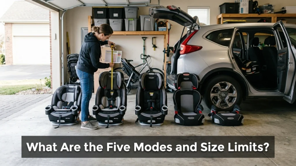 Five Graco Grad configurations illustrate rear-facing, harness, booster and belt-trainer stages.
