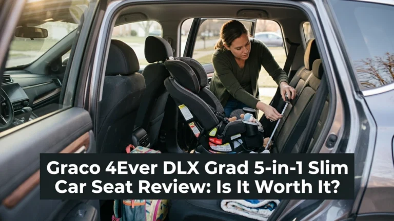 Graco 4Ever DLX Grad Slim car seat installed in a family SUV while a parent checks fit.