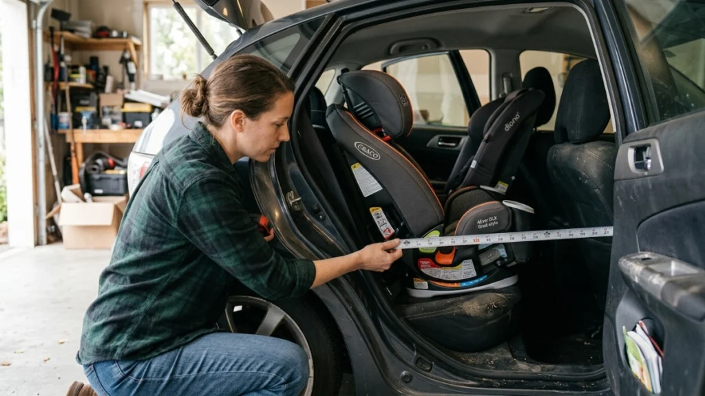 Parent measures an 18-inch-wide car seat and available rear-bench space in a compact vehicle.